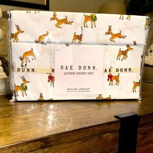 NWT Rae Dunn Queen Bedding Sheet Set Christmas Seasonal Holiday Festive Reindeer